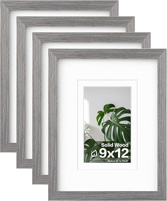 Egofine 9x12 Picture Frames Set of 4, Made of Solid Wood Covered by Plexiglass 5x7 and 6x8 with Mat or 9x12 without Mat, for Table Top Display and Wall Mounting Photo Frame Light Grey
