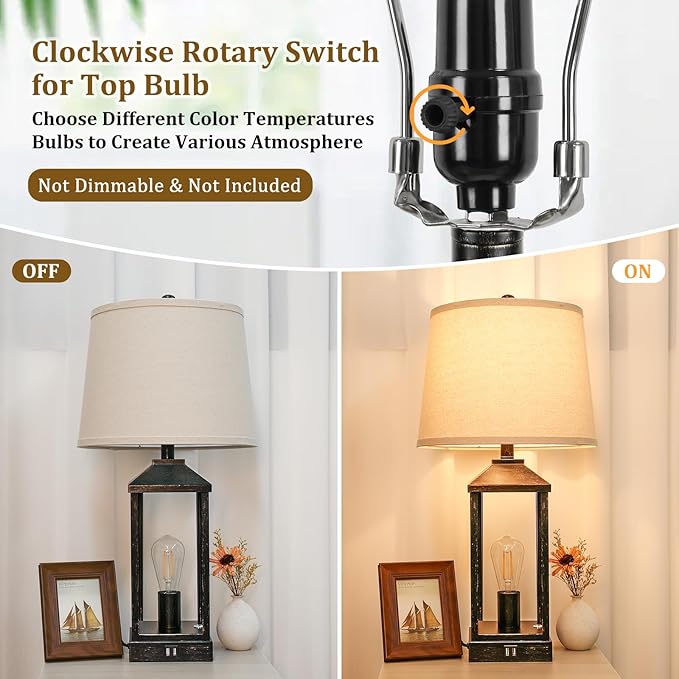 Brightever 28" Farmhouse Table Lamps Set of 2, Black Bedside lamp with USB Charging Ports, 3-Way Dimmable Touch Control Nightstand Lamps,Tall Table Lamp for Living Room, 4 Bulbs Included