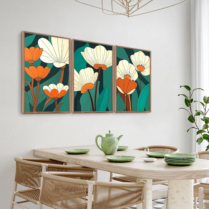 CHDITB Modern Floral Framed Canvas Wall Art Set, Nature Flowers Wall Decor, Abstract Orange Flower Artwork, Wildflowers Picture, Vintage Green Art Prints for Living Room, Bedroom, Office 16"x24"x3