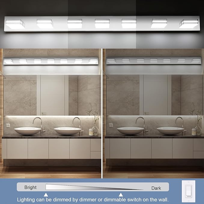 SineRise LED Modern Bathroom Vanity Light Fixtures (7-Light, 55-Inch), Chrome Modern Acrylic Bathroom Wall Lighting Fixtures Over Mirror (Cool White 6000K)