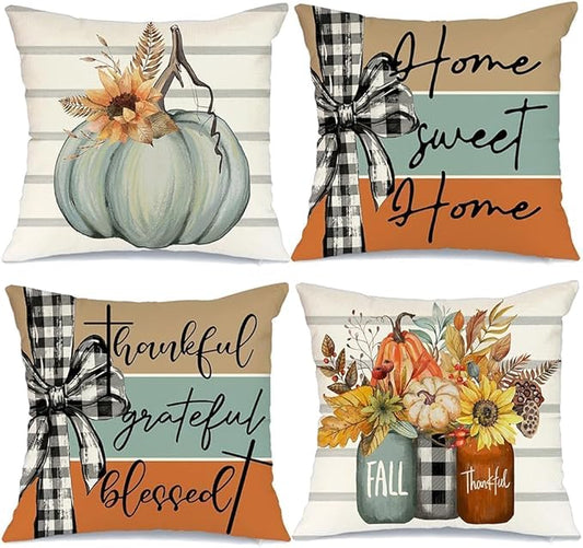 AACORS Fall Pillow Covers 18 x 18 Inch Set of 4, Pumpkin Home Sweet Home Thankful Grateful Blessed Harvest Floral Decorations Autumn Seasonal Pillow Case Decor for Sofa Couch AA275-18