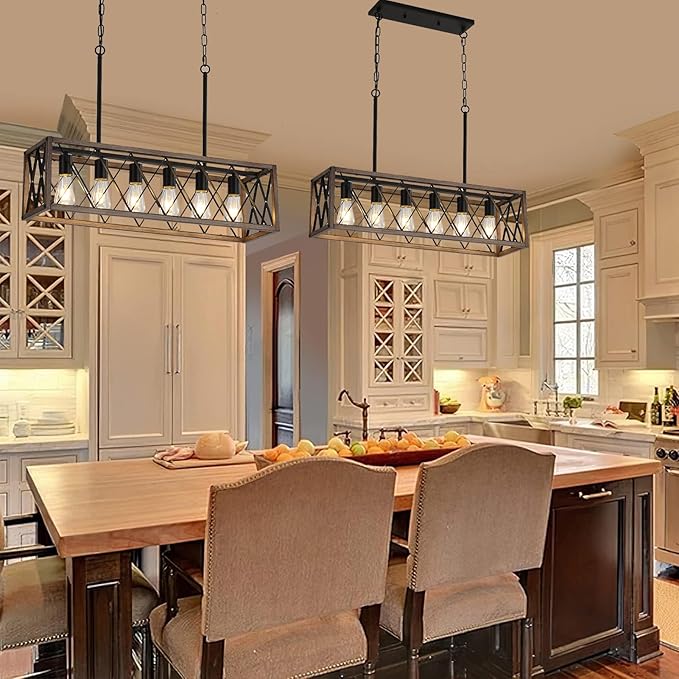Farmhouse Kitchen Island Lighting,6-Light Dining Room Light Fixtures Over Table,Rustic Chandelier Wood Grain Finish,Height Adjustable Farmhouse Light Fixture for Dining Room Kitchen Bar.