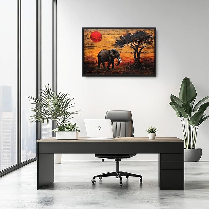 Elephant Framed Wall Art for Living Room, Large African Elephant Canvas Wall Decor, Wild Animal Sunset Picture Painting, Modern Artwork for Bathroom Bedroom 36L'' × 24W''