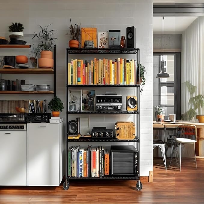 HealSmart Heavy Duty 5-Shelf Storage Shelving Unit, 1250lbs Loading Capacity, 29.92" D x 13.98" W x 62.99" H Adjustable Steel Organizer Wire Rack, Black