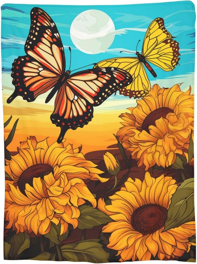 Butterfly Sunflower Blanket Gifts for Grils Women Sunshine Floral Flannel Throw Blankets for Home Couch Bed Sofa Soft Fuzzy Lightweight Decor All Season 80x60 Inches