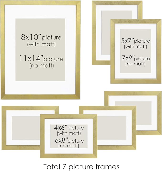 MIMOSA MOMENTS Picture Frame Sets for Wall Collage Multiple Sizes, Gallery Wall Frame Set with mat for one 8x10, two 5x7 and four 4x6 picture (Brass, 7 pcs set)
