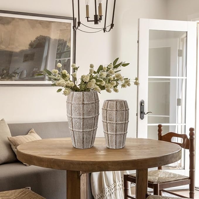 Briful Rustic Terracotta Flower Vase for Home Decor 12" Brown Farmhouse Textured Barrel-Style Ceramic Vase Vintage Handcrafted Gridded Design for Faux & Dried Flowers Living Room Table Centerpiece