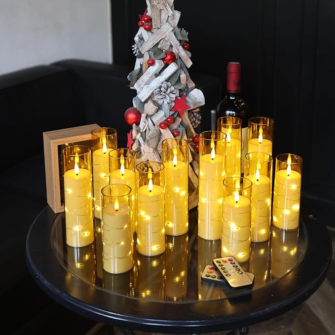 Da by Flameless Candles with Recessed String Light, Battery Operated Candles, Acrylic LED Pillar Candles with Remote Control and Timer, Golden, Set of 12