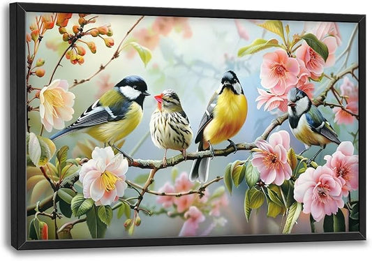 Bird Large Framed Wall Art Spring Flower Branch Pictures Oversized Birds Nature Wall Decor Canvas Print Painting Aesthetic Modern Artwork for Living Room Bedroom Office Bathroom Home Decor 36L x24W