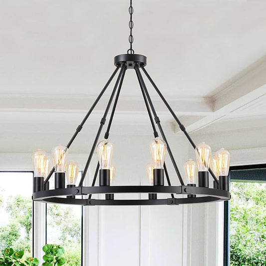 9MMML 12 Lights Black Wagon Wheel Chandelier, Industrial Farmhouse Globe Kitchen Island Pendant Light, Globe Dining Room Lights Fixtures for Foyer Entryway Living Room. E26, Height Adjustable,31.5".