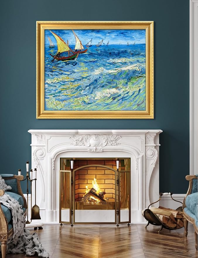 DECORARTS - Vincent van Gogh's Fishing Boats at Sea, Museum-Quality Giclee Canvas Print in Gold Solid Wood Frame, 34.75 x 28.75 in, Ready to Hang, Made in USA
