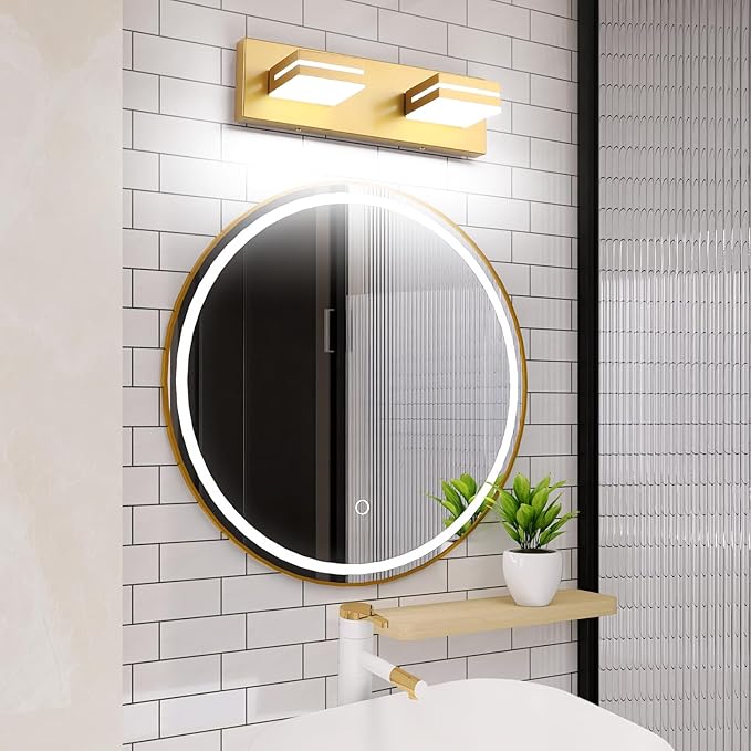 SineRise LED Modern Bathroom Vanity Light Fixtures (2-Light, 15.5-Inch), Matte Gold Modern Acrylic Bathroom Wall Lighting Fixtures Over Mirror (Cool White 6000K)