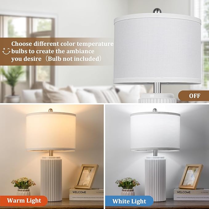 TOBUSA 23.5’’ Modern White Ceramic Lamps Set of 2, Living Room Retro Side Table Lamps, Farmhouse Bedside Nightstand White Lamps for Bedroom with Linen Shade, Elegant Decor Lamp Sets for Home Office