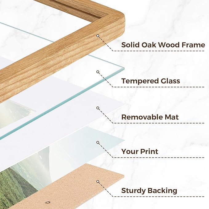 Solid Oak Wood 12x16 Picture Frame, Farmhouse 12 x 16 Wooden Frames, 12x16 Frame Matted to 8.5x11, Tempered Real Glass, 12"x16" Frames Minimalist Art Frame for Home Deocr, Natural Oak Color, 1 Pack