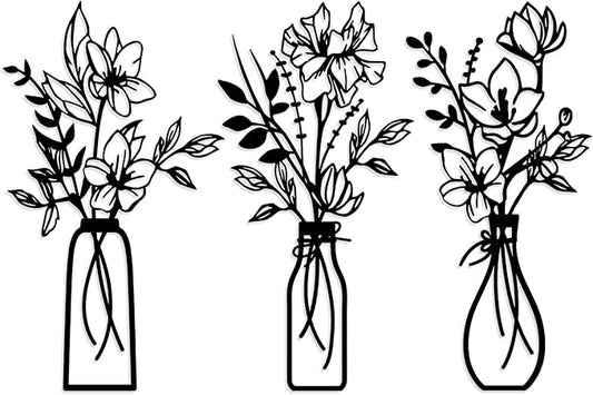 ARTINME 3 Pieces Metal Flowers Wall Arts - Rustic Farmhouse Decor Minimalist Flower Wall Decors for Living room Bathroom Kitchen Bedroom Dining Room - Housewarming Gifts (Black)
