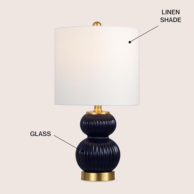 JONATHAN Y JYL1099D Daphne 20" Contemporary Transitional Metal/Glass Ribbed Gourd LED Table Lamp Bedroom, Living Room, Office, Dining Room, Navy/Brass Gold