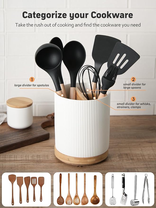 LoeJan 3 Compartment Utensil Holder, Extra Large Utensil Crock, Stable Ceramic Utensil Organizer, Cooking Tool Organizer Set for Kitchen Counter Farmhouse Decor (D-Black(Grossy))