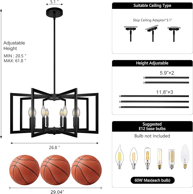 8-Light Large Black Chandelier,Dining Room Light Fixture Geometric Metal Modern Chandelier,Hanging Industrial Metal Chandelier for Kitchen Island Entryway Stairway Foyer Hallway.
