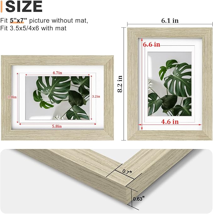Egofine 5x7 Picture Frames Set of 4, Made of Solid Wood Covered by Plexiglass 3.5x5 and 4x6 with Mat or 5x7 without Mat, for Table Top Display and Wall Mounting Photo Frame Distressed Wood Grain