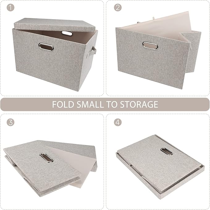 Large Quart Collapsible Stackable Storage Bins with Lids, 3 Packs Beige Linen Fabric Closet Boxes with Lids, Storage Cube Baskets Container Organizers for Bedroom Office(16.6 x 11.7 x 10.8)