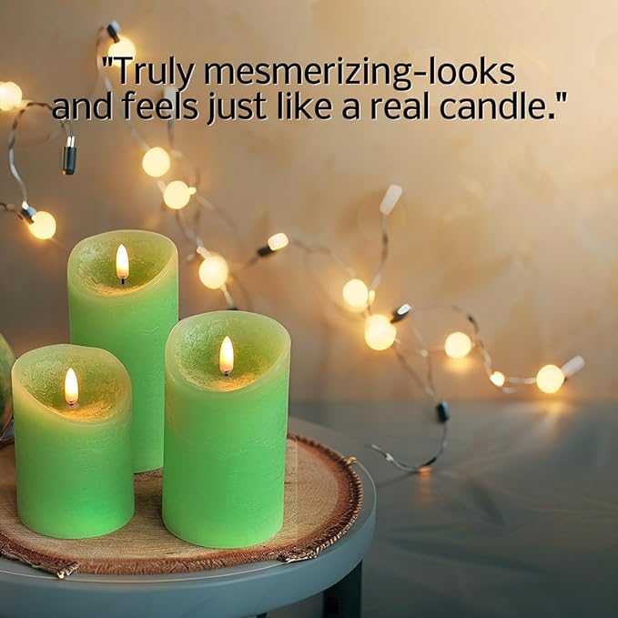 VENTA Green Real Wax Pillar Candles, Set of 3 | Battery Operated LED Candles with Remote | Fresh Spring & Nature Inspired Decor for Living Room, Spa & Botanical Themes