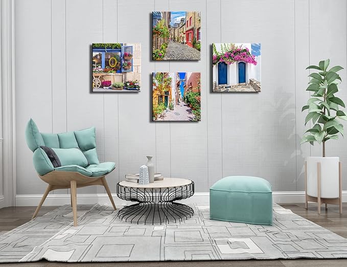 Italy Tuscan Wall Art, Colorful Nature Scenic Framed Pictures Canvas Prints, Modern Town Street Artwork Paintings for Living Room, Bedroom, Office Wall Decor