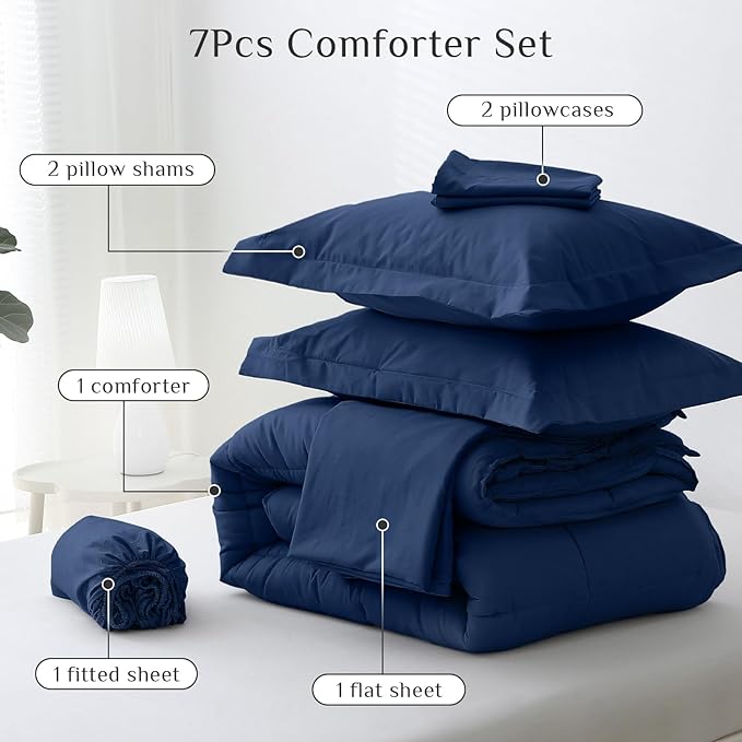 JOLLYVOGUE Full Comforter Set, Ultra-Soft Bed in a Bag Full Size 7 Pieces, Oeko-TEX Certified Bedding Set with Down Alternative Comforter, Sheets, Pillowcases & Shams, Navy