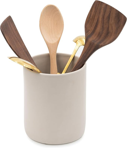 Ceramic Large Kitchen Utensil Holder for Countertop, 7"x5.9", Stable & Sturdy, Cooking Utensils Holder, Smooth & Matte Cream Color,Silicone Pads, Utensil Organizer for Kitchen Counter Decor