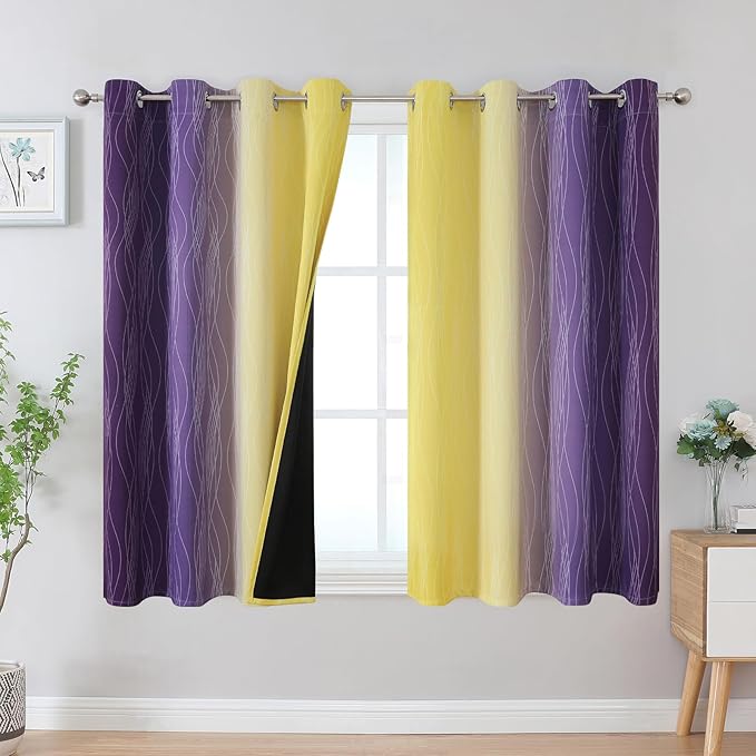 Estelar Textiler Yellow and Purple Ombre Blackout Curtains 45 Inch Length 2 Panels, Full Room Darkening Gradient Drapes for Kitchen, Thermal Insulated Grommet Short Curtains for Bathroom,52Wx45L