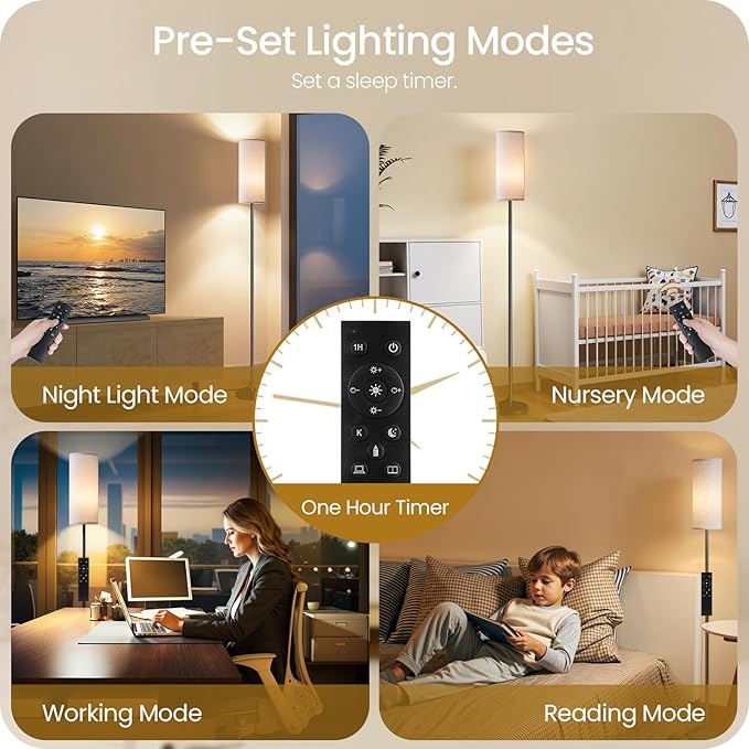 Dimmable Floor Lamp for Living Room with Remote and Foot Switch, Corner Floor Lamp, 64.4" Standing Tall Lamp, 10W 900LM LED Bulb Included, 3000K-6500K, Linen Shade, Weighted, FCC Listed W06LD05W1