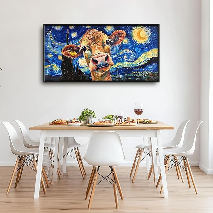 Flintis Large Cow Wall Art Starry Sky Night Cow Pictures Wall Decor Abstract Animal Canvas Painting Print Artworks Decorations Framed for Living Room Bathroom Master Bedroom Office 60L x 30W