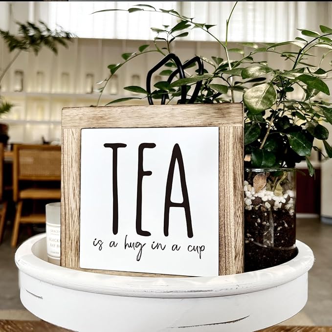 Tea is A Hug in A Cup, Wooden Box Signs for Home Decor, Rustic Wooden Table Sign, Teas Bar Decors, Teas Station Wood Decors, Farmhouse Kitchen Decor for Shelf, Tea Lover Gift