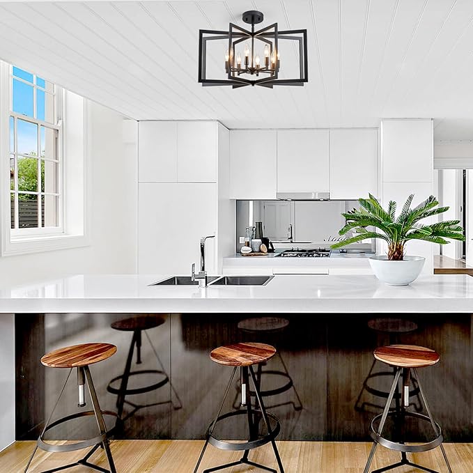 26'' Black Chandelier, Modern Farmhouse 8-Light Pendant Lighting Fixture for Dining Living Room Kitchen Entryway, Geometric Metal Large Adjustable Hanging Chandelier Lamp