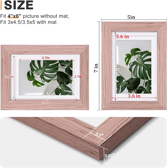 Egofine 4x6 Picture Frames Set of 4, Made of Solid Wood Covered by Plexiglass 3.5x5 with Mat or 4x6 without Mat, for Table Top Display and Wall Mounting Photo Frame Peach Pink