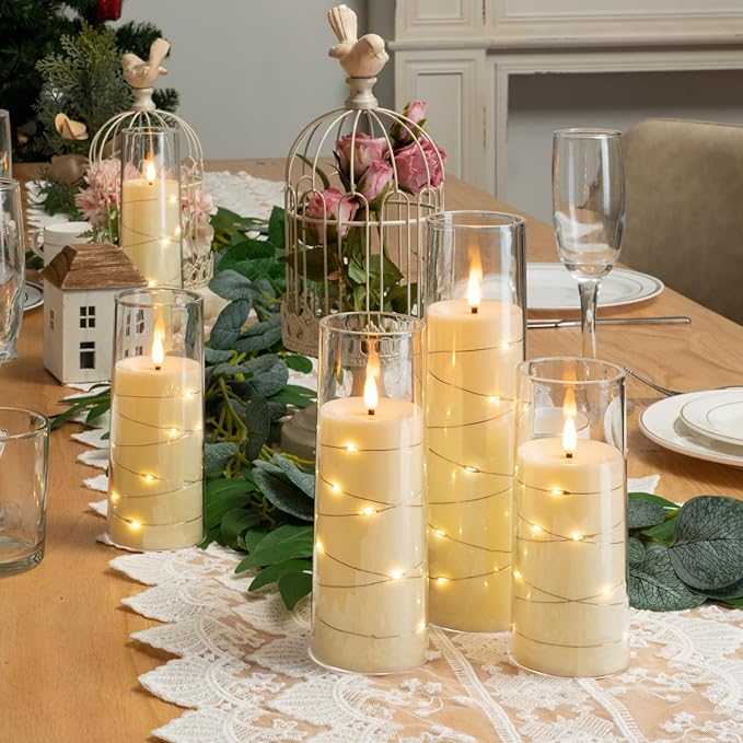 Raycare Flameless LED Candles with Embedded Star String, 5 Pcs Battery Operated Acrylic Pillar Candles with Timer and Remote, Flickering Candle for Romantic Ambiance and Home Decoration(Ivory)