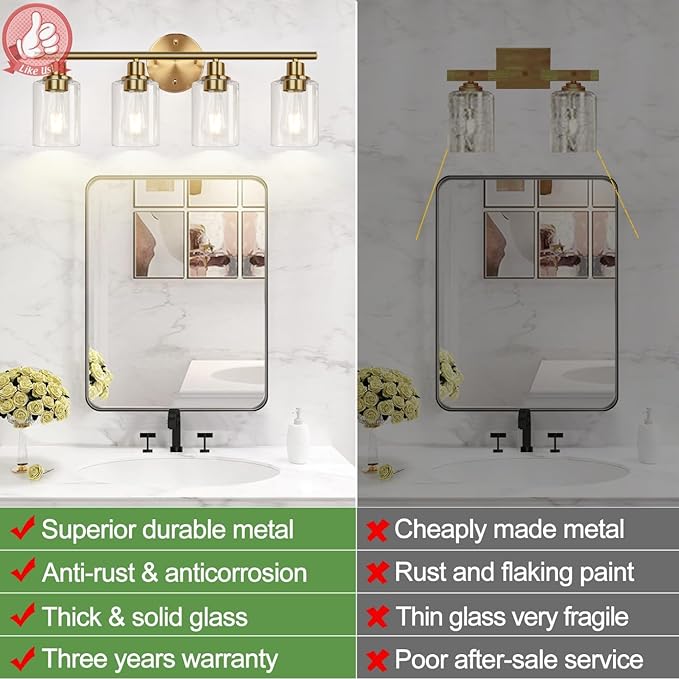 4-Light Bathroom Light Fixtures, Brushed Gold Modern Vanity Lights Over Mirror with Clear Glass Shade, Bathroom Wall Lamp for Mirror Kitchen Living Room Hallway Cabinet Porch Bedroom Reading room