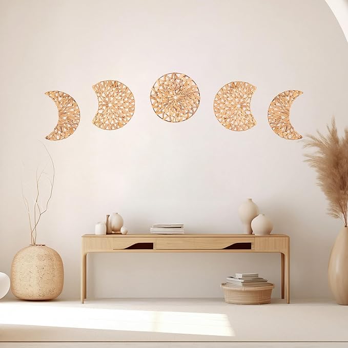 PEMAR Woven Moon Phase Wall Decor - 5-Piece Set of Natural Water Hyacinth Art for Boho & Rustic Homes