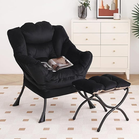 Lazy Chair with Ottoman, Modern Chair with Folding Footrest, Lounge Accent Chair, Comfortable Reading Chair, Oversized Armchairs for Bedroom, Study, Living Room, Courtyard (Velvet Black)