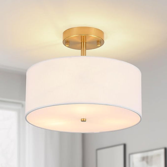 3-Light Semi Flush Mount Ceiling Light Modern Gold Drum Light Fixtures with White Fabric Cover Shade Round Chandelier for Bedroom Living Room Kitchen and Hallway