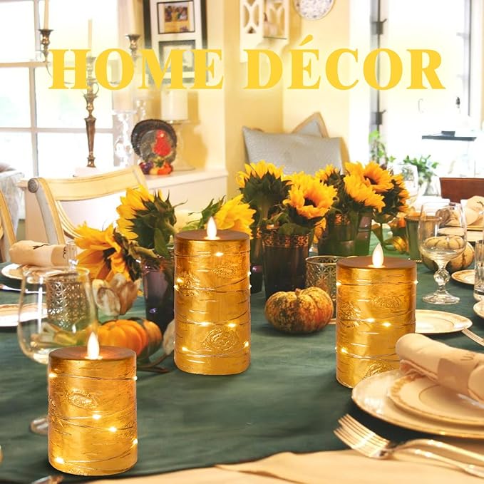 Da by Gold Flameless Candle, Battery-Powered Candle with Recessed String Light, LED Candle with 11-Button Remote, 24-Hour Timer Function, Dancing Flame, Real Wax