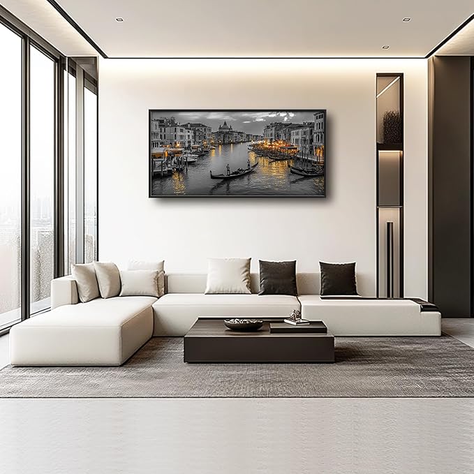 Olivine Italy Large Wall Art, Venice City Pictures Wall Decor, Black and White Painting, Cityscape Canvas Prints, Framed Artwork for Dining Room Living Room Bedroom Bathroom Office Home Decor 60"x30"