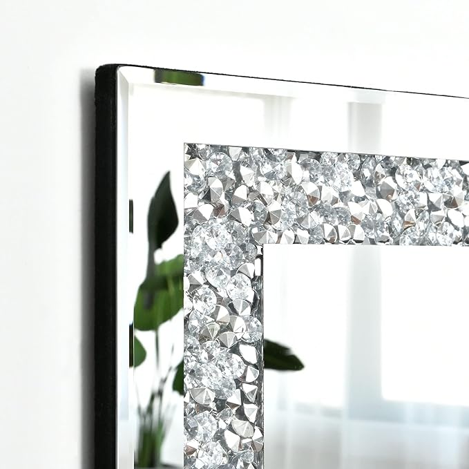 Crystal Decorative Mirror-16 x24 Rectangle Gorgeous Silver Mirror, Crush Diamond Mirror for Wall Decoration Bedroom, Hallway, Dining Room