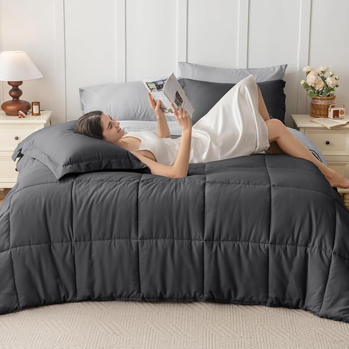 JOLLYVOGUE Queen Comforter Set, Ultra-Soft Bed in a Bag Queen Size 7 Pieces, Oeko-TEX Certified Bedding Set with Down Alternative Comforter, Sheets, Pillowcases & Shams, Dark & Light Grey