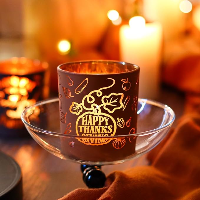 SHMILMH Glass Votive Candle Holders 4PCS Thanksgiving Tealight Candle Holders for Fall Table Centerpiece, Thanksgiving Decorations Indoor or Outdoor D閏or