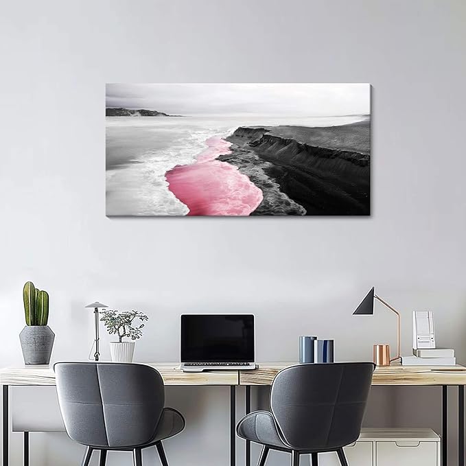 YCPRIMER Pink Canvas Wall Beach Black and White Picture for Living Room Largre Artwork for Wall Coastal Ocean Seascape Painting bedroom Decor Above Bed 24×48IN