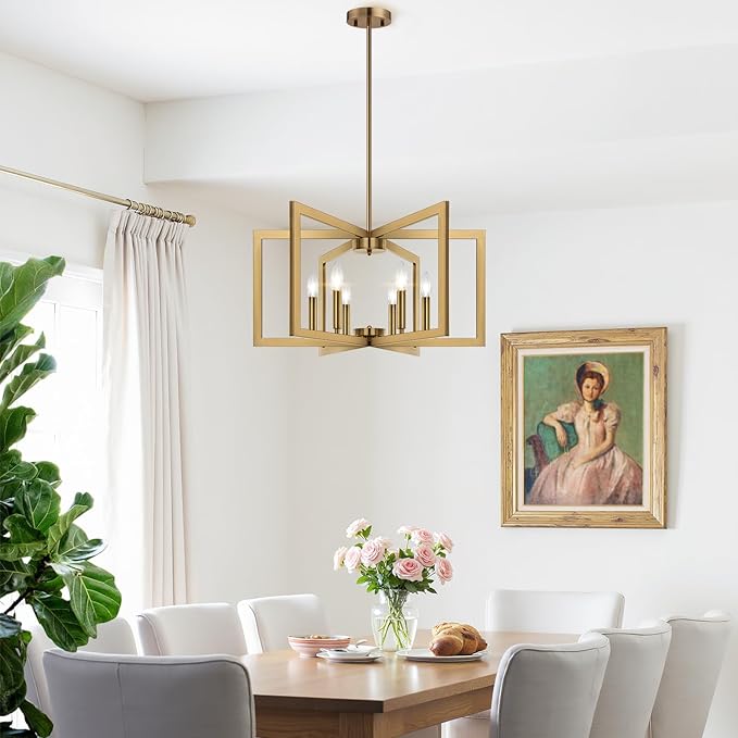 25" Modern Brass Chandelier for Dining Room (6-Light, 25-Inch), Geometric Brass Dining Room Light Fixture Over Table, Industrial Metal Hanging Pendant Lights for Kitchen Island, Entryway, Foyer