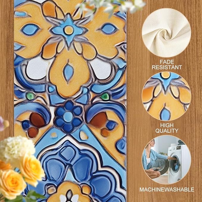 ANNA QUEEN Flowers Table Runner 13 x 72 Inch for Dining Table, Table Runner for Spring & Holiday Dining Decor Indoor Outdoor Party Home Table Decoration (Retro Pattern)