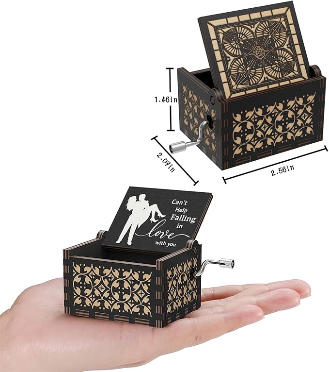 Can't Help Falling in lo Wood Hand Crank Music Box Cute Black mini Musical Anniversary Wedding Valentine's Day Gift for her him Love One Lover, Boyfriend, Girlfriend, Husband, Wife,Women