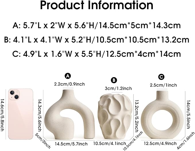 White Ceramic Vase Set of 3, Small Vases for Home Decor, Modern Boho Vase for Pampas Grass, Decorative Round White Vases Centerpieces for Coffee Table Living Room Shelf