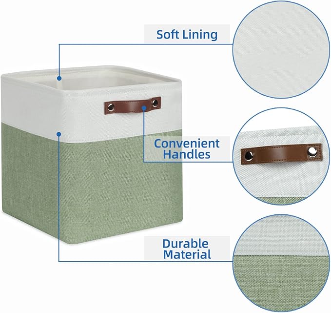 Temary Fabric Storage Bins for Organizing Clothes, Closet Baskets with Handles - Decorative Storage Boxes for Home (White & Green, 12 Inch, 4 Pack)